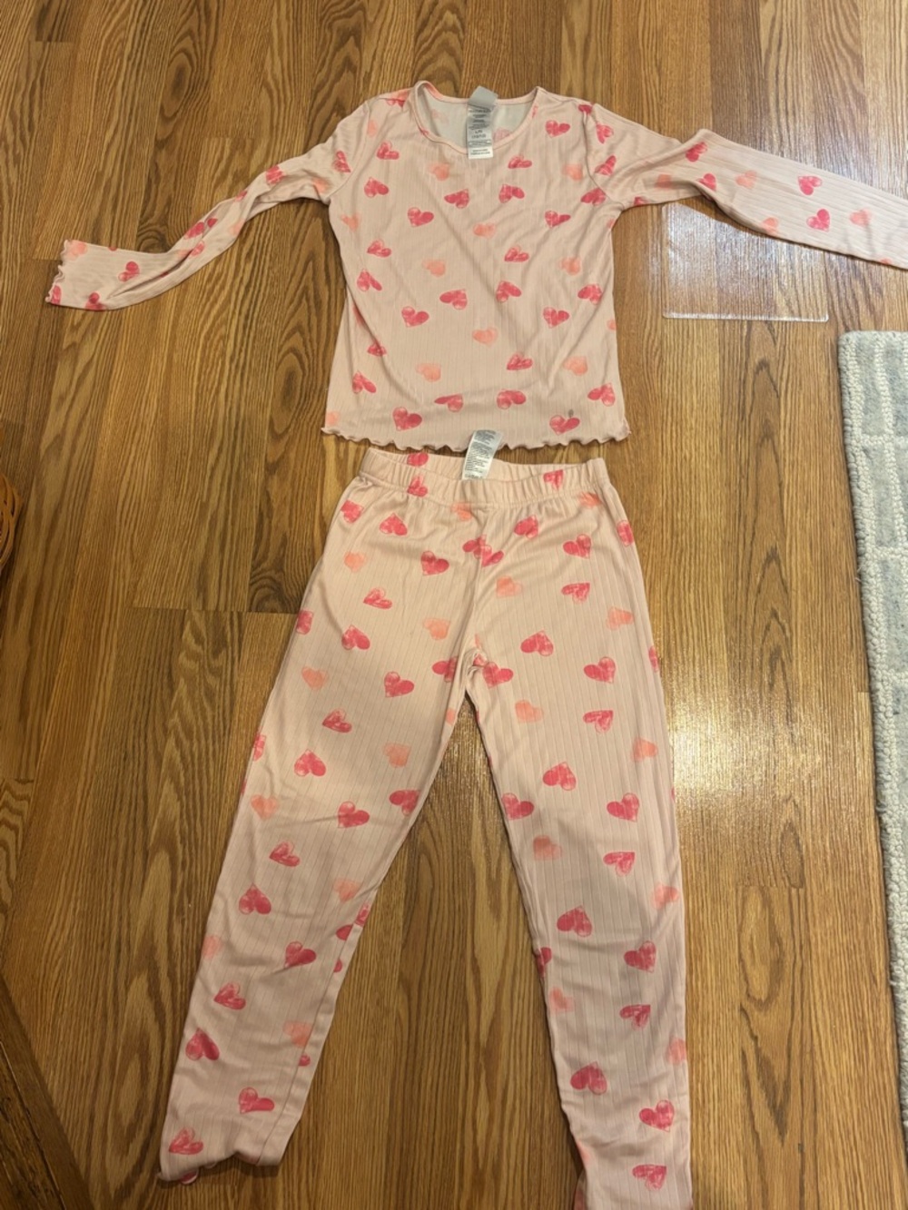 Girls Pink Heart-Print Ribbed Two-Piece Pajama Set